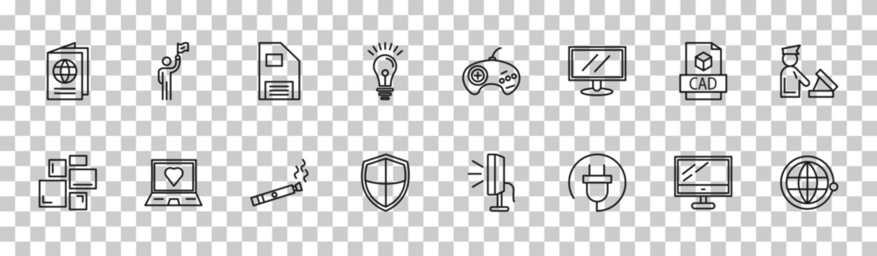 outline technology icons set - international passport, leading, cad, satellite in orbit. editable vector for web and mobile ui
