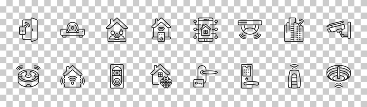 outline smart home icons set - access, cd player, smart city, fire alarm. editable vector for web and mobile ui