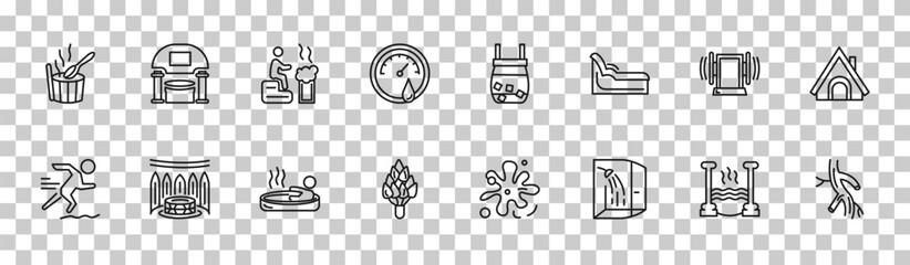 outline sauna icons set - green sauna, caldarium, sound stimulation, arterioles. editable vector for web and mobile ui © IconArt
