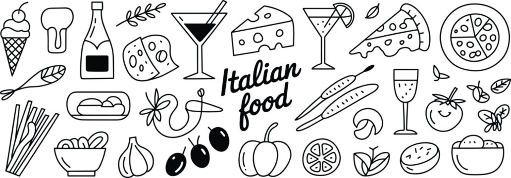 Italian food doodle collection, pizza, pasta, cheese, wine, olives, tomato, garlic, drink, traditional cuisine illustration, hand drawn restaurant elements