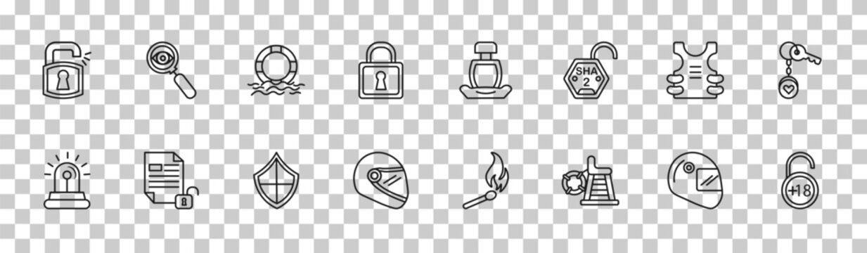 outline security icons set - unlock padlock, insight, bullet proof vest, underage. editable vector for web and mobile ui