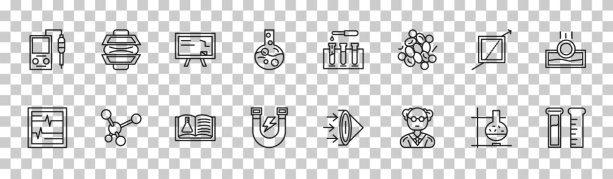 outline science icons set - ph meter, force, refraction, test tube. editable vector for web and mobile ui