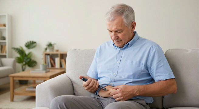Senior diabetic man injecting insulin dose into abdomen using modern prefilled pen. Metabolic control and diabetes management. Elderly patient self-administering medication at home