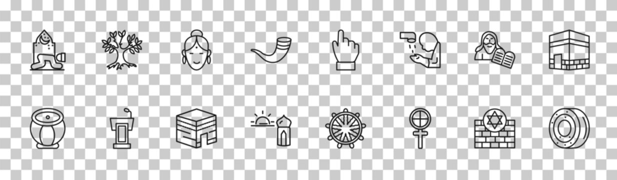 outline religion icons set - prayer, tree of life, moses, gefilte fish. editable vector for web and mobile ui