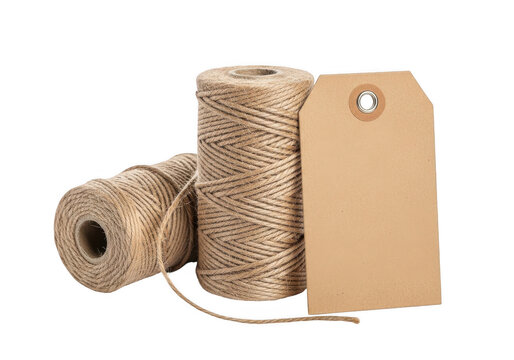 Two rolls of brown jute twine and a blank cardboard tag isolated on a transparent background