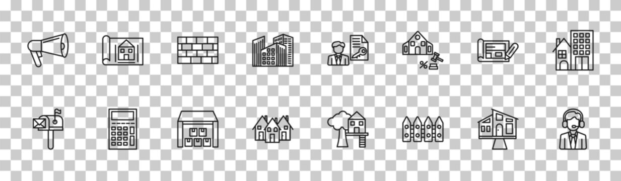 outline real estate icons set - advertisement, blueprint, plans, agent. editable vector for web and mobile ui