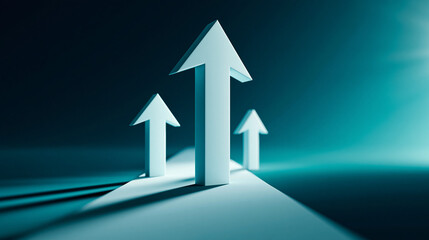 Fototapeta premium Arrow of Progress: Three stylized arrows, symbolizing growth and forward momentum, ascend on a reflective surface under a luminous glow. Capturing the essence of progress and ambition.