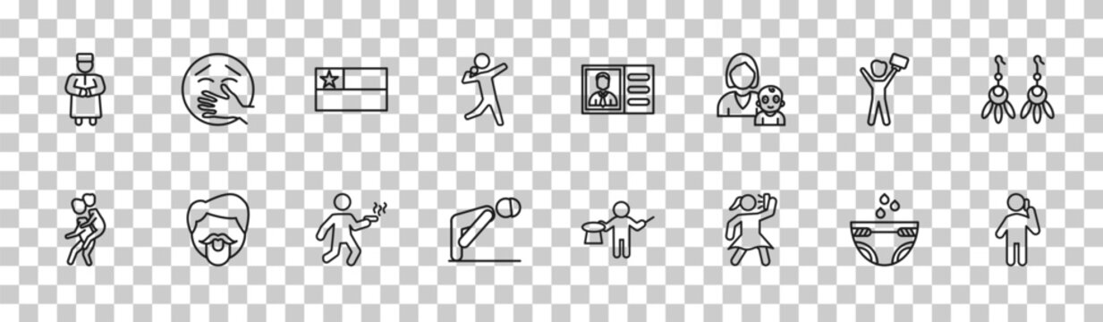 outline people icons set - qiyam, kidnapping, success man happy, man talking with phone. editable vector for web and mobile ui