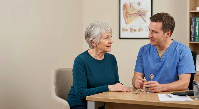 Senior woman in consultation with hearing specialist. Healthcare professional showing hearing aid devices to geriatric patient. Hearing restoration and auditory technology concept