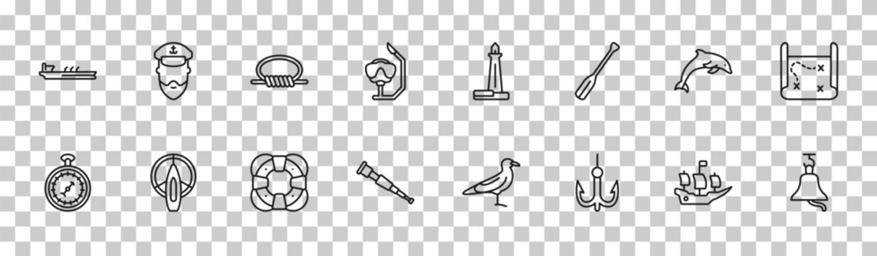 outline nautical icons set - oil tanker ship, ship admiral, dolphin, big bell. editable vector for web and mobile ui