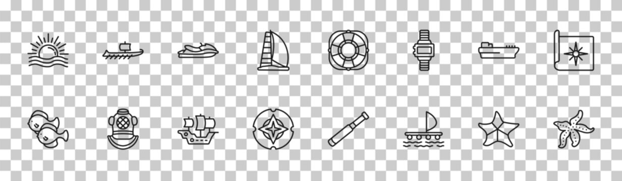 outline nautical icons set - sun shining, trireme, tanker ship, starfish with dots. editable vector for web and mobile ui