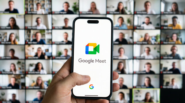 Male hand holding a modern smartphone iPhone with Google Meet app logo on the screen. Blurred background showing a video conference with many diverse participants. Online meeting and remote work UI