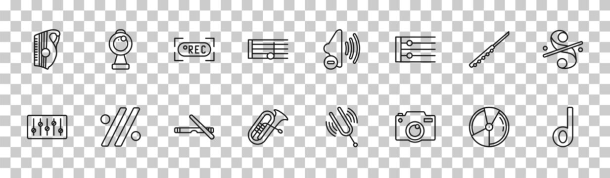outline music and media icons set - zither, webcam video call, flute, minim. editable vector for web and mobile ui