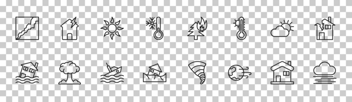 outline meteorology icons set - cracked ground, broken roof, weather, fog. editable vector for web and mobile ui