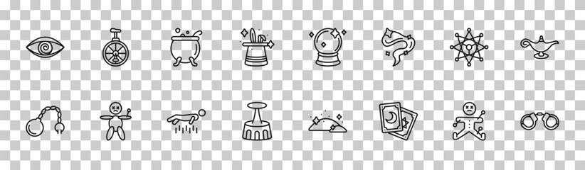 outline magic icons set - hypis, unicycle, ritual, handcuffs. editable vector for web and mobile ui © IconArt