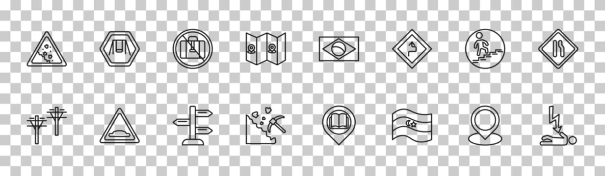 outline maps and flags icons set - land slide, swings, walking up stair, electrocution risk. editable vector for web and mobile ui
