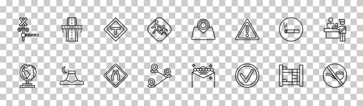 outline maps and flags icons set - rail crossing, flyover bridge, smoke zone, no smoking pipe. editable vector for web and mobile ui