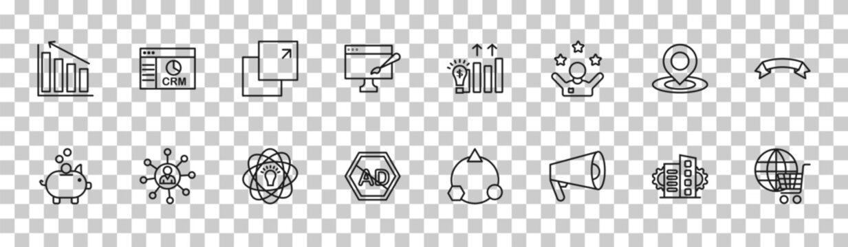 outline marketing collection. icons set - diagrams, crm, place, web shop. editable vector for web and mobile ui