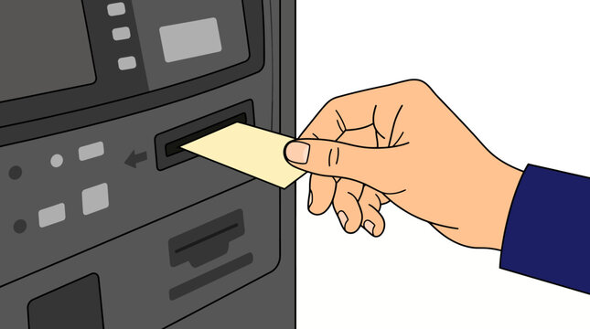 Hand inserting payment card into automated teller machine