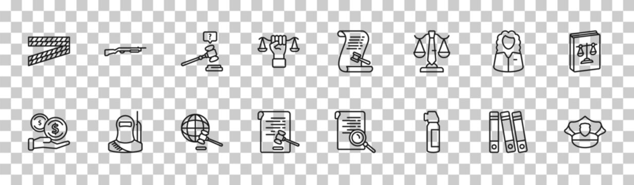 outline law and justice icons set - police line, shotgun, counsel, police hat. editable vector for web and mobile ui
