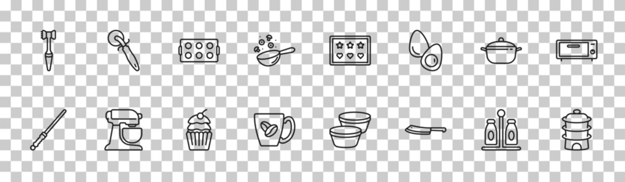 outline kitchen icons set - meat tenderizer, pizza cutter, saucepan, steamer. editable vector for web and mobile ui