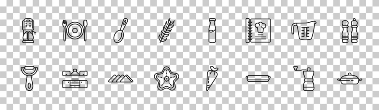 outline kitchen icons set - coffee maker, dinner, measuring cup, cooking pot. editable vector for web and mobile ui
