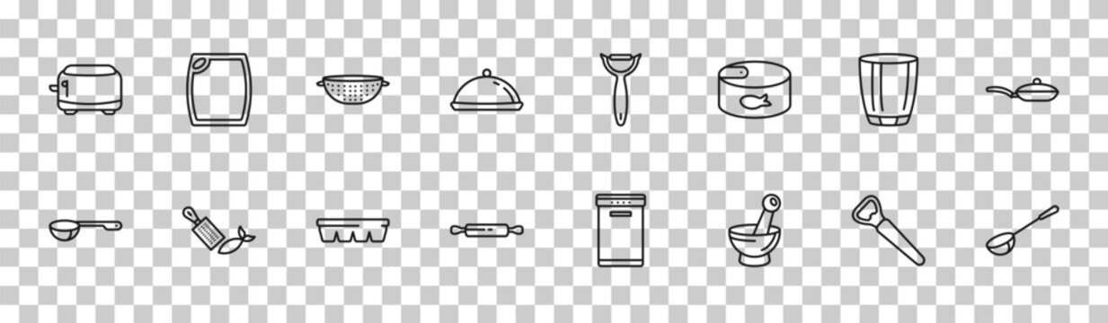 outline kitchen icons set - toaster, cutting board, glass, ladle. editable vector for web and mobile ui