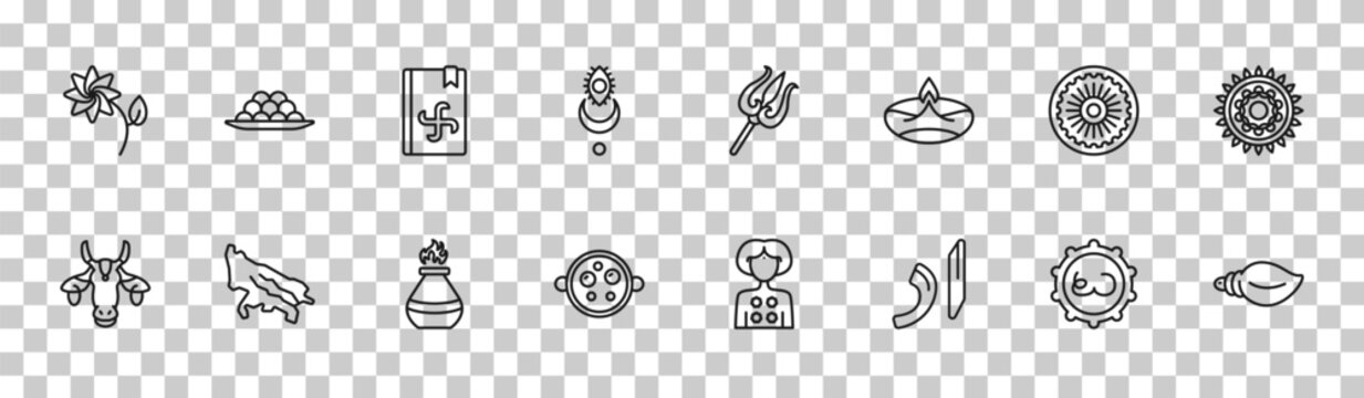 outline india icons set - lakshmi, indian sweets, chakra, biju janata dal. editable vector for web and mobile ui