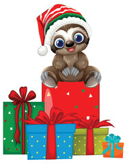 Fototapeta premium Cute Cartoon Sloth Wearing Santa Hat Sitting on Christmas Gifts