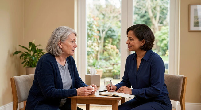 Senior woman discussing hospice care options with a medical social worker. End of life planning and palliative care consultation. Support and dignity for elderly patients