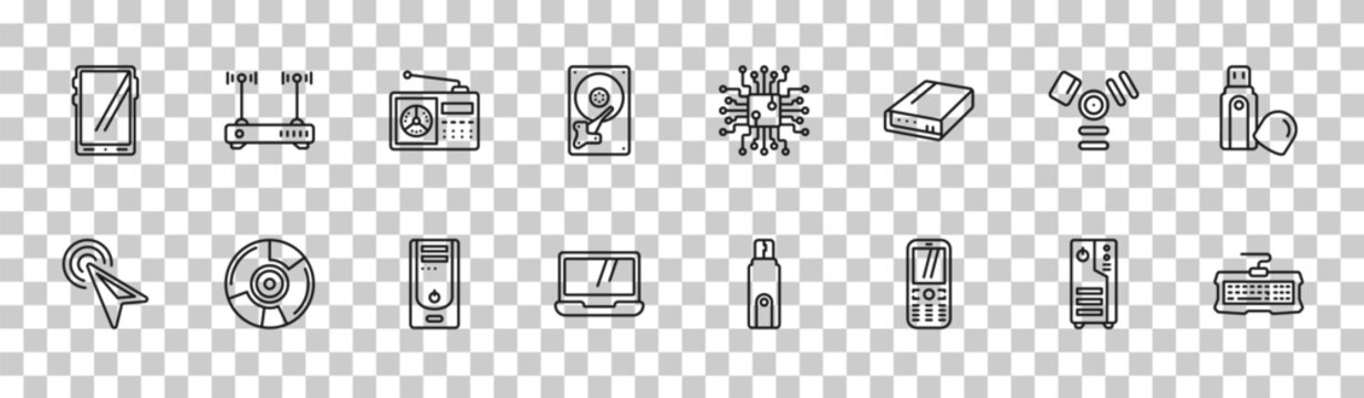 outline hardware icons set - big tablet, modem with two antenna, firewire, keyboard wire. editable vector for web and mobile ui