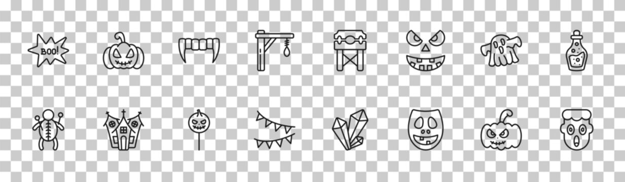 outline halloween icons set - boo, pumpkin lantern, halloween ghost, fear. editable vector for web and mobile ui