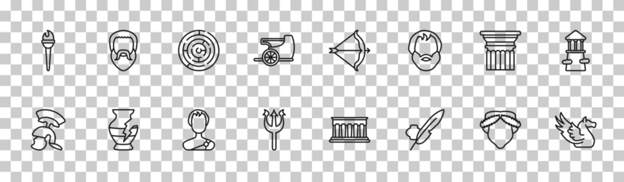 outline greece icons set - sports torch, plato, pillar, pegasus. editable vector for web and mobile ui