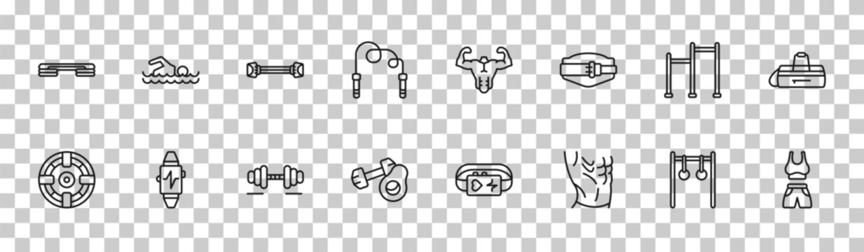 outline gym and fitness icons set - fitness step, man swimming, gym ladder, female sportwear. editable vector for web and mobile ui