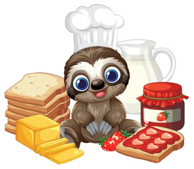 Fototapeta premium Cute Cartoon Sloth Chef with Breakfast Bread Jam and Milk