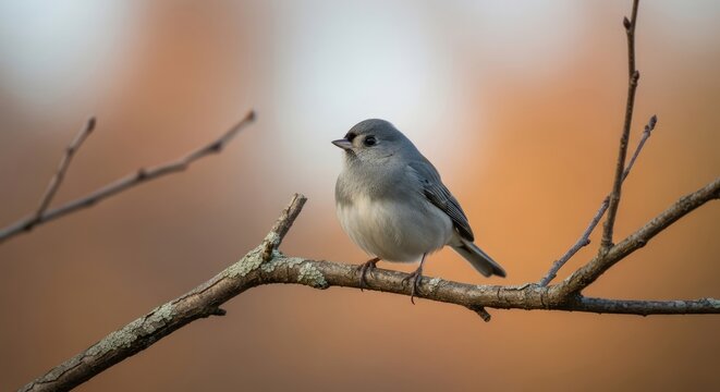 Small grey bird perched on bare branch in autumn forest