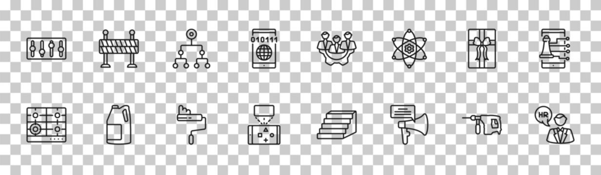 outline general icons set - sound control, traffic barriers, birthday present, hr manager. editable vector for web and mobile ui