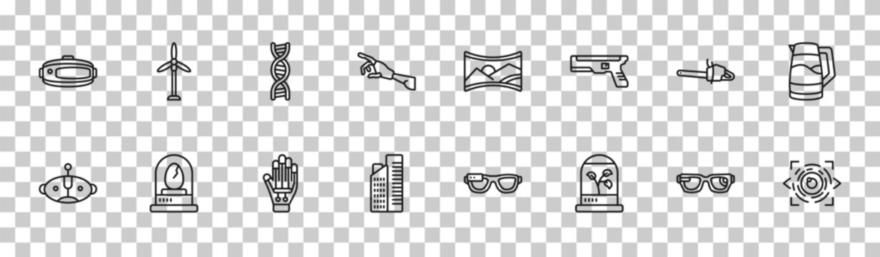 outline future technology icons set - vr glasses, eolic energy, chainsaw, eye scan. editable vector for web and mobile ui