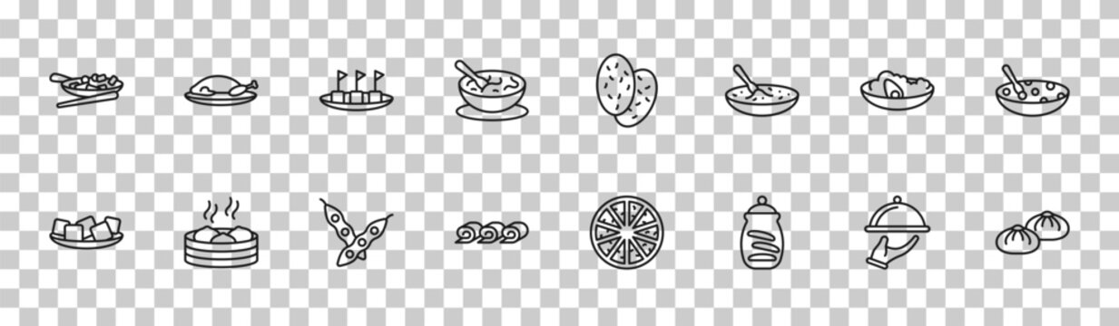 outline food and restaurant icons set - buddhas delight, peking duck, congee, baozi. editable vector for web and mobile ui