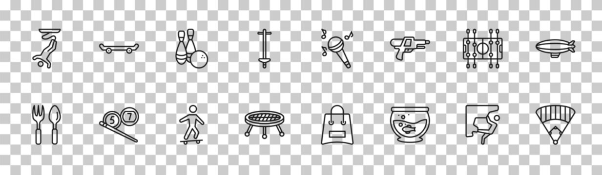 outline free time icons set - bungee jumping, skate, table football, baseball field. editable vector for web and mobile ui