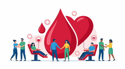Naklejka premium World Blood Donor Day Concept Vector Illustration with Diverse Volunteers Donating Blood
