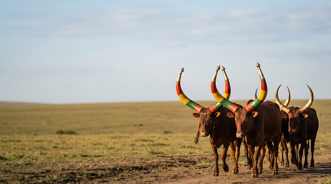 Majestic ankole cattle with decorated horns walking on savanna