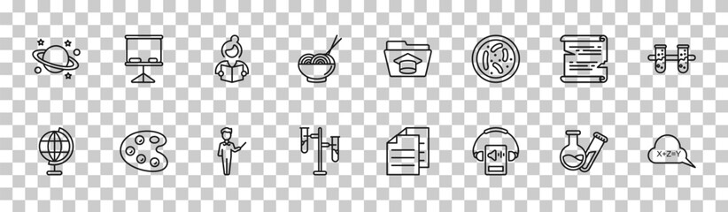 outline education icons set - planet saturn, board, papyrus, equation. editable vector for web and mobile ui © IconArt