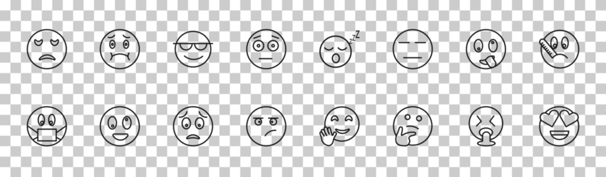 outline emoji icons set - sad emoji, nauseated emoji, stupid in love editable vector for web and mobile ui