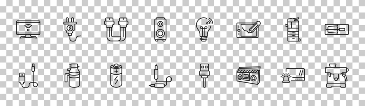 outline electronic devices icons set - smart tv, plug, copier, espresso maker. editable vector for web and mobile ui