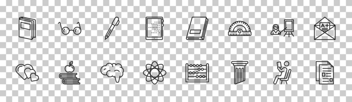outline education icons set - book of black cover, studying glasses, instructor, folded written paper. editable vector for web and mobile ui