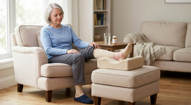 Older woman suffering from deep vein thrombosis sitting with elevated leg. Vascular inflammation and pain relief treatment at home. Senior patient wearing medical compression stocking