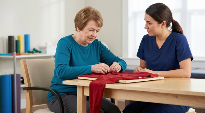 Senior woman practicing fine motor skills with occupational therapist. Geriatric stroke survivor learning to button shirt for independence. Neurological recovery and rehabilitation task