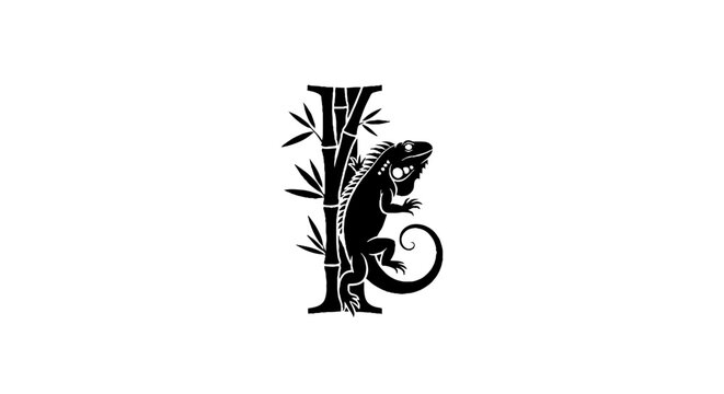 Black and white lizard on bamboo illustration.