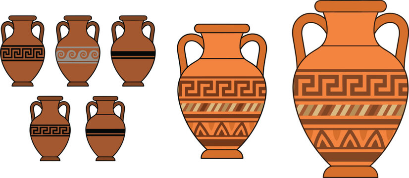 Ancient Greek amphora clay vase vector illustration set featuring traditional terracotta pottery urns with classic meander key patterns waves and geometric borders.